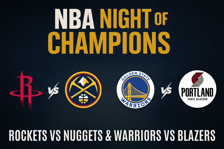 the official logos of houston rockets and denver nuggets and gs warriors and portland trail blazers